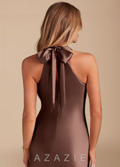 Azazie Doretta Espresso Mermaid Bow Metallic Satin Dress espresso