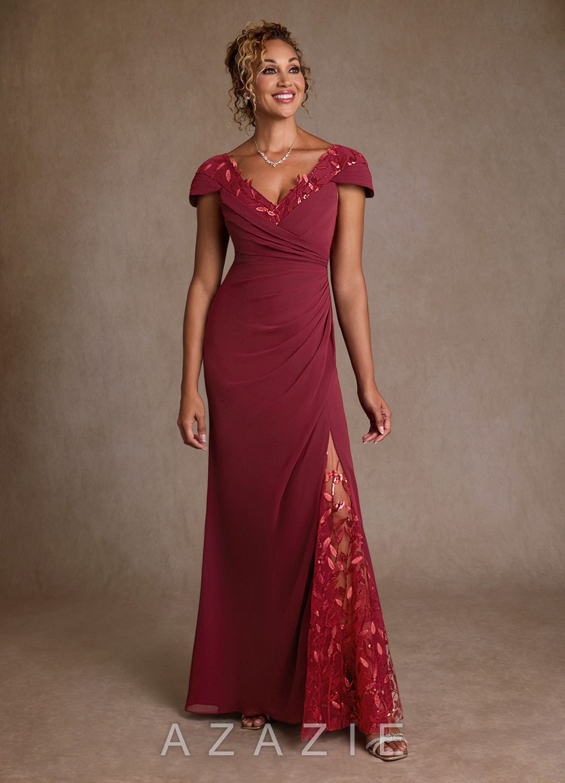 Azazie Betania Burgundy Mermaid Sequins Chiffon Dress