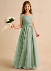 Azazie Yuna Girls Formal Dusty Sage A-Line Off the Shoulder Tulle Dress