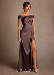 Azazie Bedford Ganache Sheath Pleated Stretch Satin Dress ganache