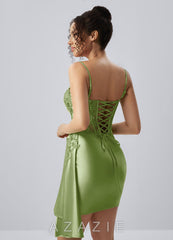 Calisthenia Sage Stretch Satin Corset Lace Rhinestones Mini Dress