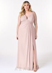 Azazie Maren Allure Blushing Pink A-Line V-Neck Lace Chiffon Dress blushing_pink