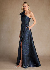 Azazie Easton Dark Navy A-Line One Shoulder Jacquard Dress dark_navy