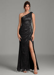 Azazie Yanie Black Mermaid One Shoulder Floral Jacquard Burnout Dress black