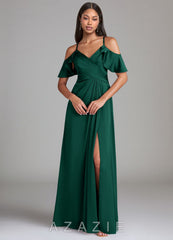 Azazie Dakota Emerald A-Line Off the Shoulder Stretch Satin Dress emerald