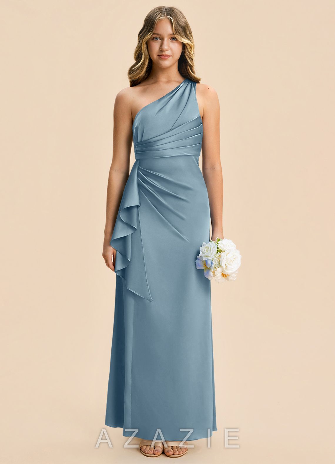 Azazie Kayden Junior Dusty Blue Sheath Ruched Stretch Satin Dress