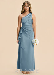 Azazie Kayden Junior Dusty Blue Sheath Ruched Stretch Satin Dress
