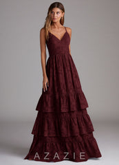 Azazie Nathalia Cabernet A-Line Bow Floral Burnout Dress cabernet