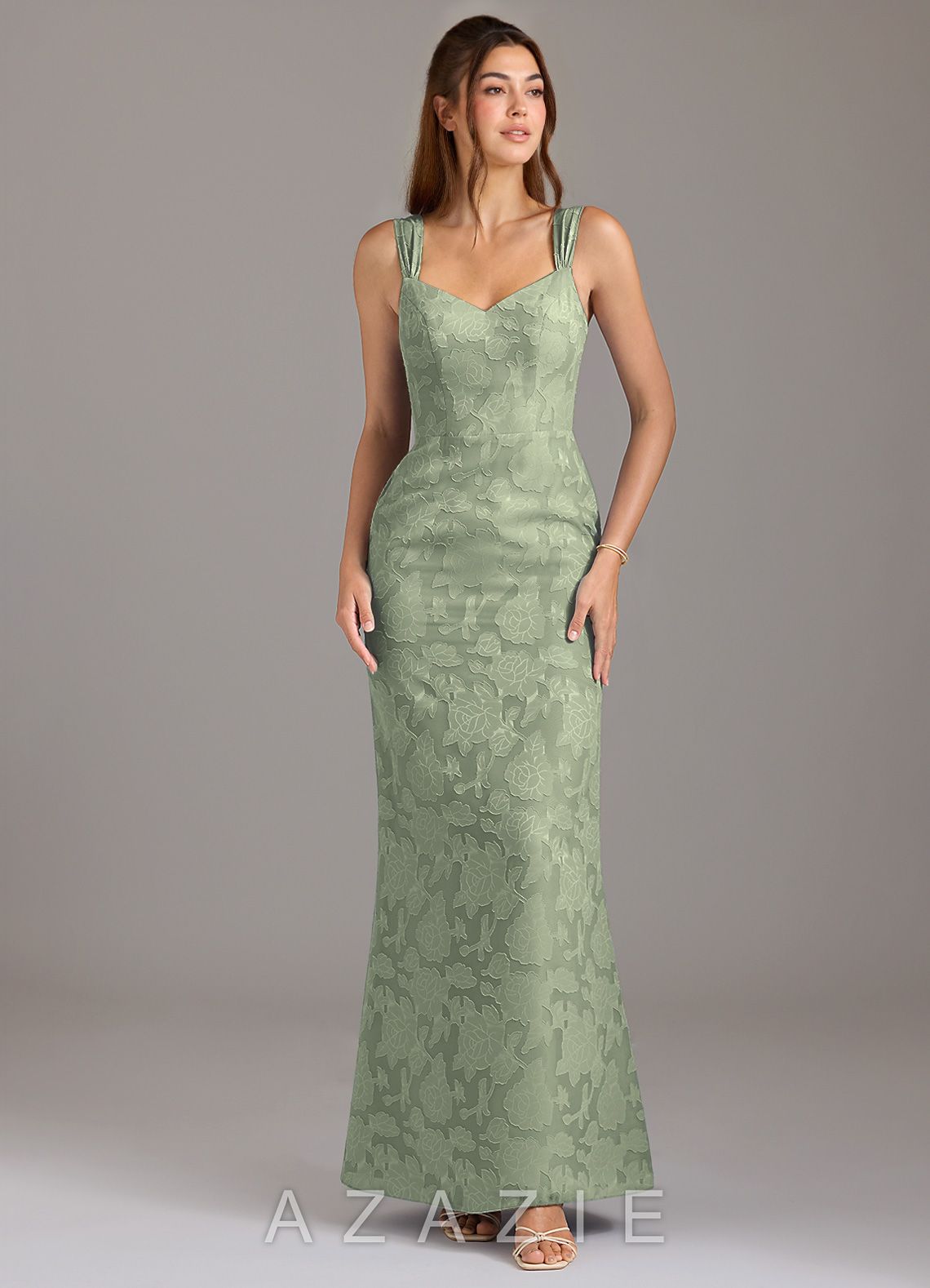 Azazie Denice Agave Mermaid Pleated Floral Burnout Dress