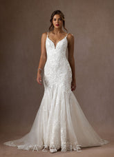 Azazie Camlynn Wedding Dress Diamond White Mermaid V-Neck Sequins Tulle Dress