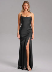 Azazie Grata Black Mermaid Side Slit Stretch Satin Dress black