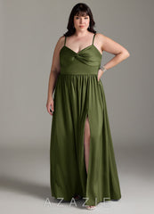 Azazie Zeya Olive A-Line Pleated Stretch Satin Dress olive