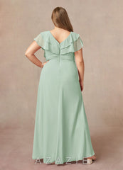 Azazie Snapdragon Agave A-Line V-Neck Ruched Chiffon Dress agave