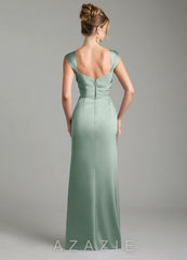 Azazie Filippa Agave A-Line Pleated Stretch Satin Dress agave