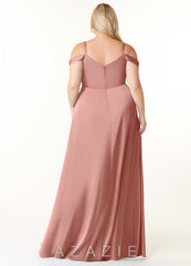 Azazie Ocean Rosette A-Line V-Neck Pleated Stretch Satin Dress rosette