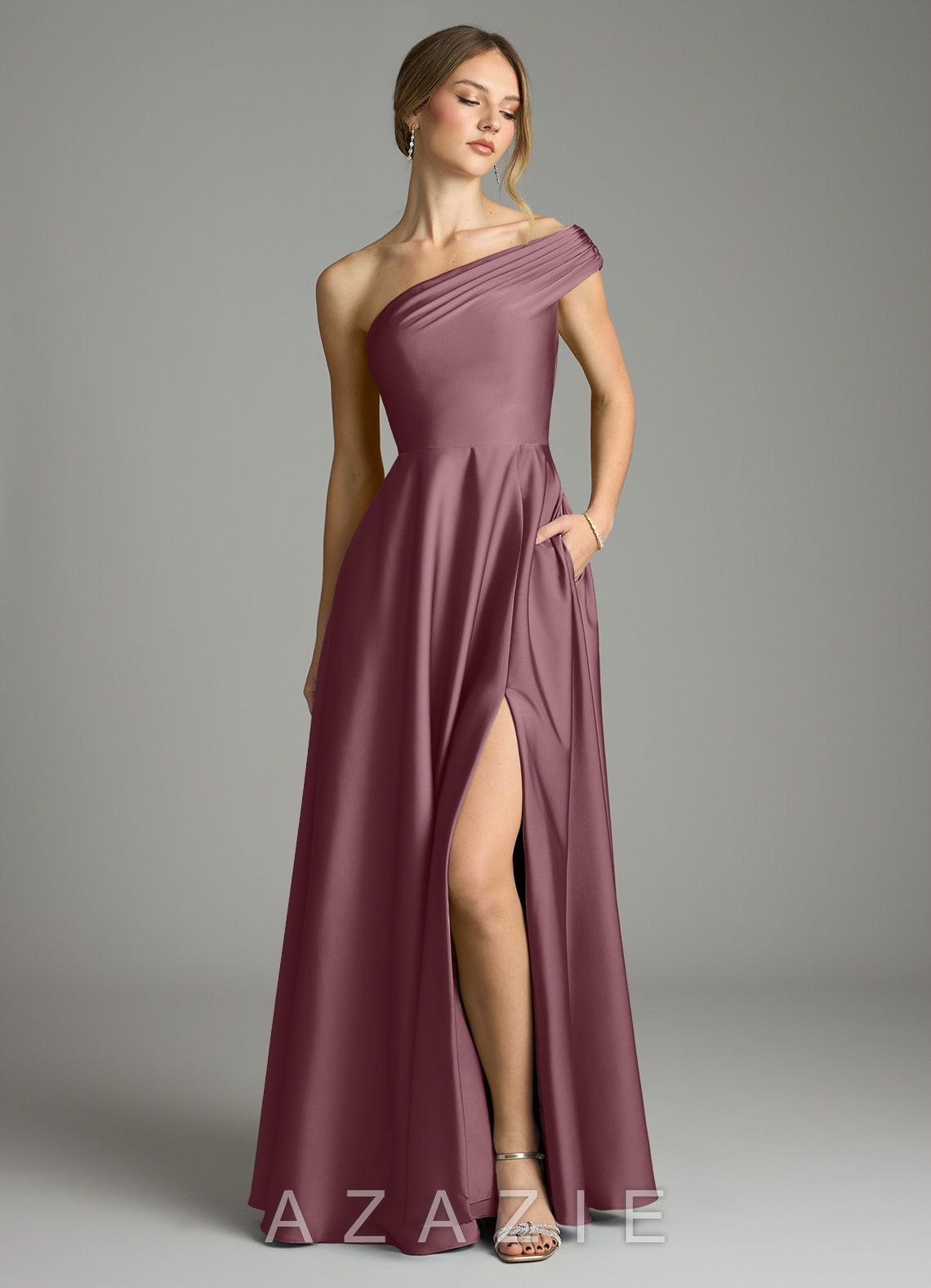 Azazie Melanie Amethyst A-Line Off the Shoulder Stretch Satin Dress