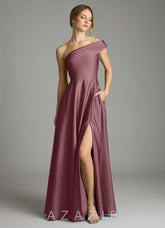 Azazie Melanie Amethyst A-Line Off the Shoulder Stretch Satin Dress