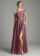 Azazie Melanie Amethyst A-Line Off the Shoulder Stretch Satin Dress