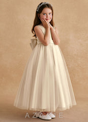 Azazie Cookie Champagne A-Line Bow Tulle Dress champagne