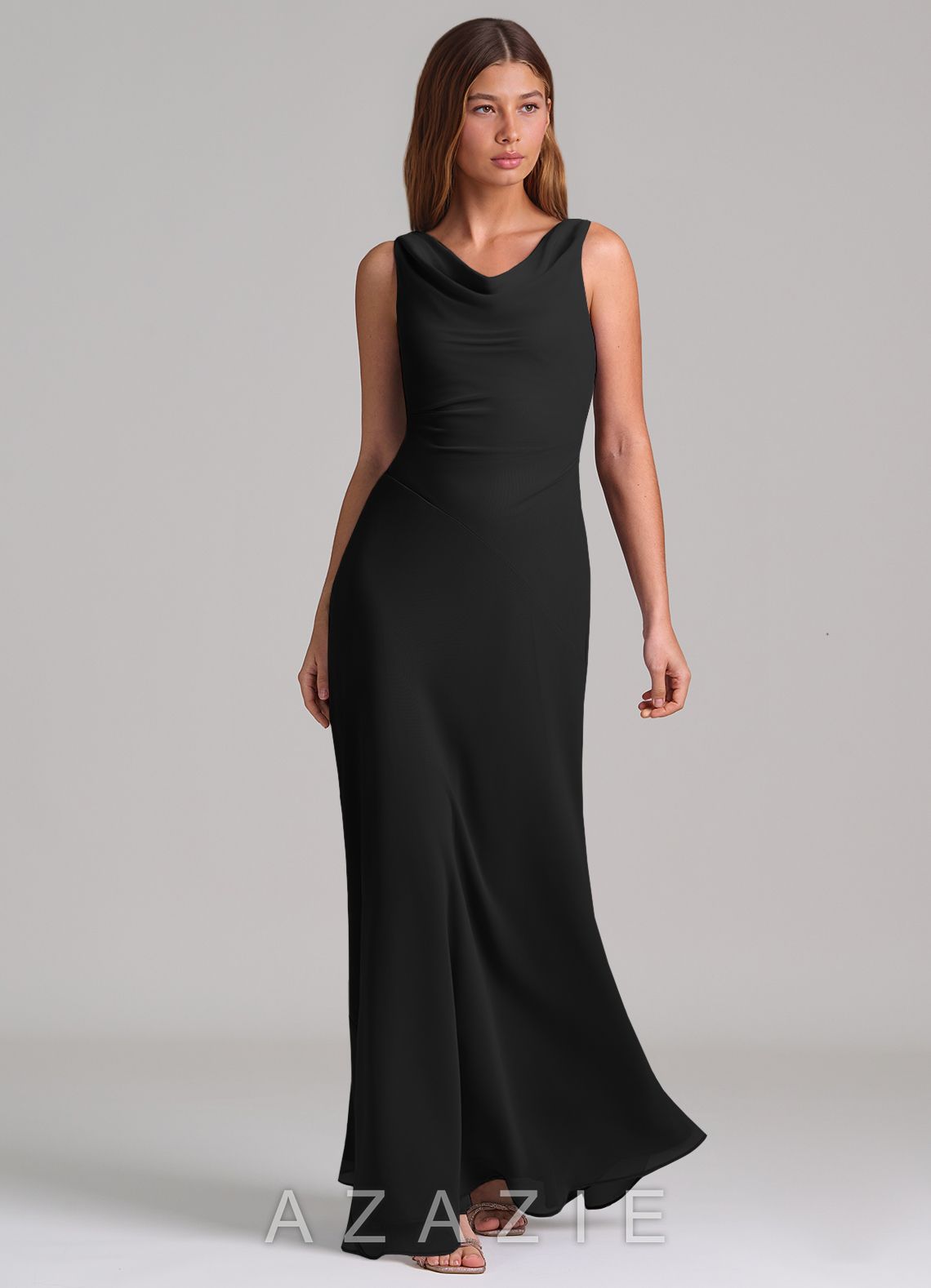 Azazie Nerine Black A-Line Pleated Chiffon Dress