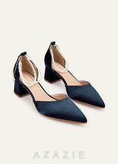 Matching Color Metallic Satin Pearl Strap Pointed Toe Block Heels dark_navy