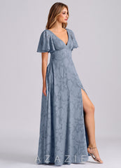 Azazie Kimber Dusty Blue A-Line with Pockets Floral Burnout Dress dusty_blue