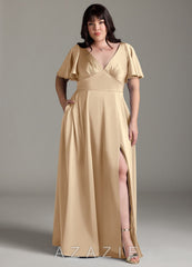Azazie Kimber Champagne A-Line Ruched Stretch Satin Dress champagne