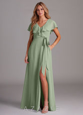 Azazie Lainey Dusty Sage A-Line with Pockets Chiffon Dress