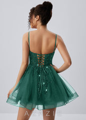 Odette Dark Green Spaghetti Strap Sequin Tulle Lace-Up Skater Mini Dress