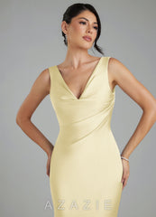 Azazie Monica Lemon Sorbet Mermaid Pleated Stretch Satin Dress lemon_sorbet