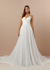 Azazie Arabelle Wedding Dress Diamond White A-Line V-Neck Lace Tulle Dress