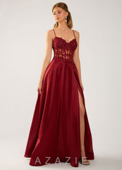 Isoldemark Burgundy Beading Sequin Embroidery Satin Prom Dress burgundy