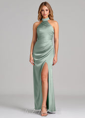 Azazie Karlotta Agave Sheath Pleated Stretch Satin Dress