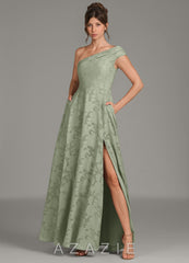 Azazie Melanie Agave A-Line One Shoulder Floral Burnout Dress agave