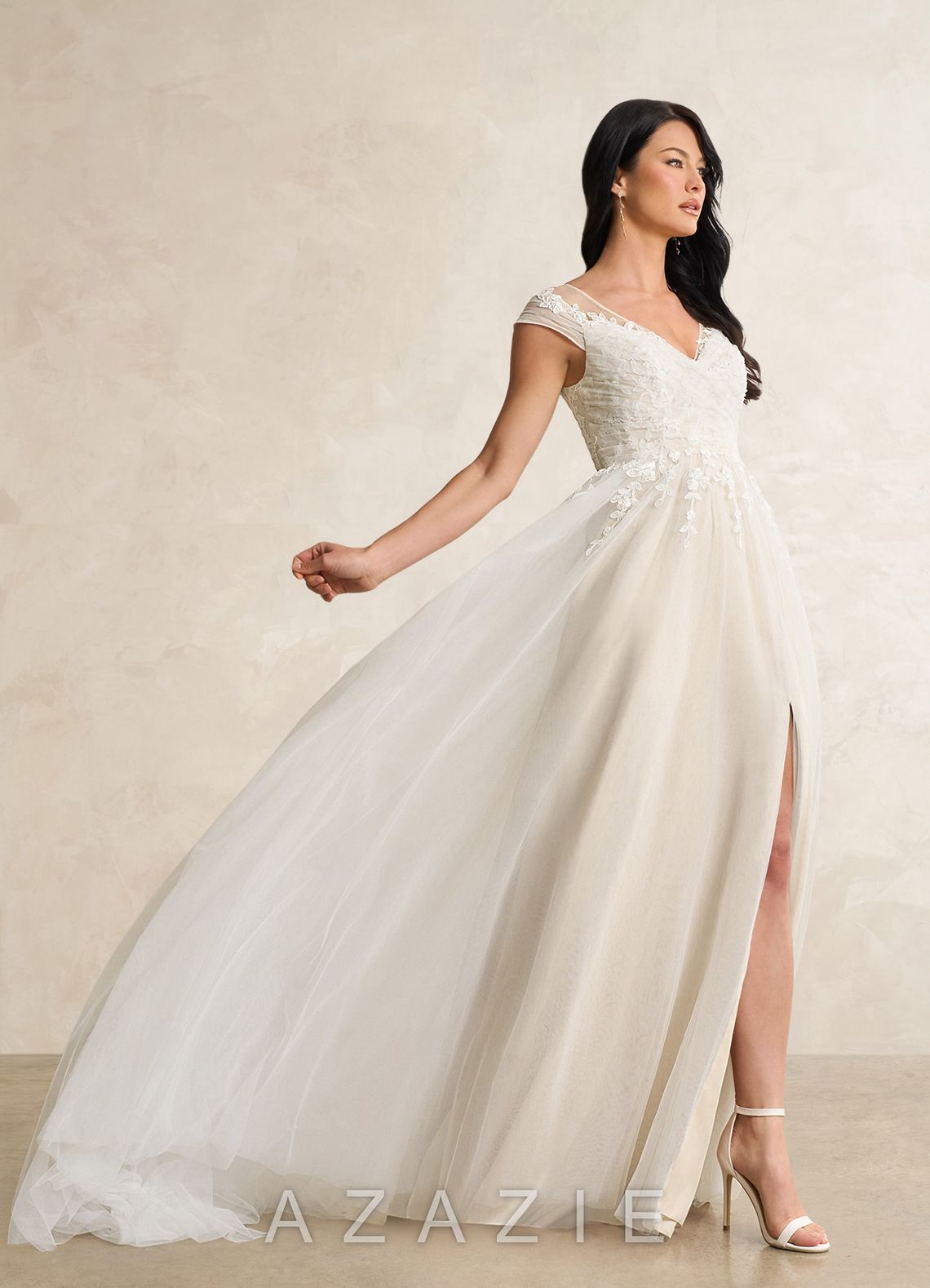 Azazie Bellisima Wedding Dress Diamond White Champagne A-Line V-Neck Tulle Dress