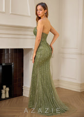 Katheron Green Beading Tulle Mermaid Corset Prom Dress green
