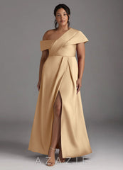 Azazie Milton Champagne A-Line Pleated Stretch Satin Dress champagne