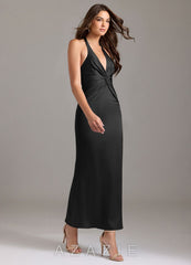 Azazie Valerie Black Mermaid Pleated Stretch Satin Dress black