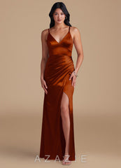 Azazie Shania Auburn Sheath Pleated Metallic Satin Dress