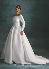 Azazie Cerese Diamond White Ball-Gown Off the Shoulder Mikado Dress diamond_white