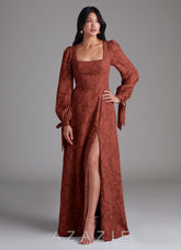 Azazie Leonia Terracotta A-Line Long Sleeve Floral Burnout Dress