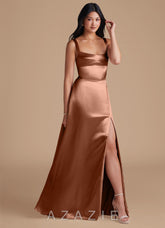 Azazie Hope Bronzer A-Line with Pockets Metallic Satin Dress