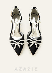 Matching Color Pearl Embellished Pointed Toe Matte Satin Block Heel Pumps Bow We