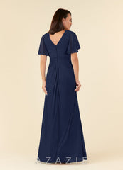 Azazie Emmeline Dark Navy A-Line V-Neck Pleated Mesh Dress dark_navy