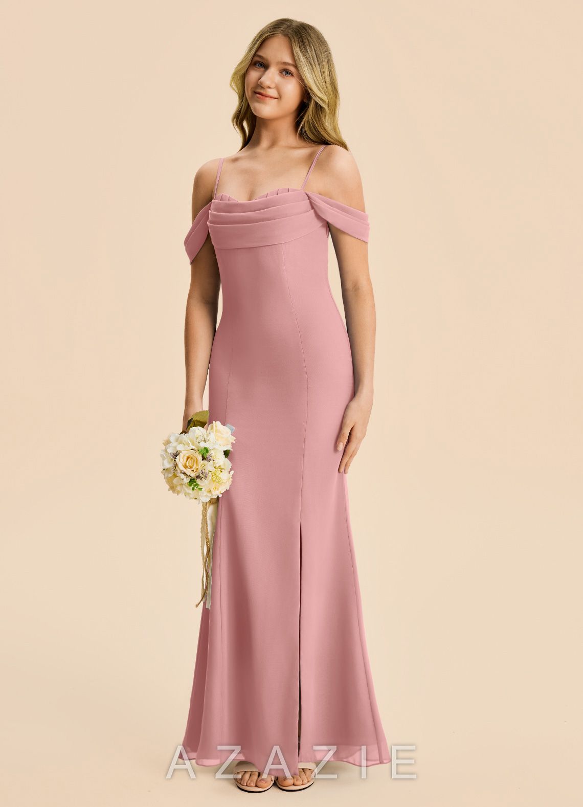 Azazie Nira Junior Dusty Rose Mermaid Ruched Chiffon Dress