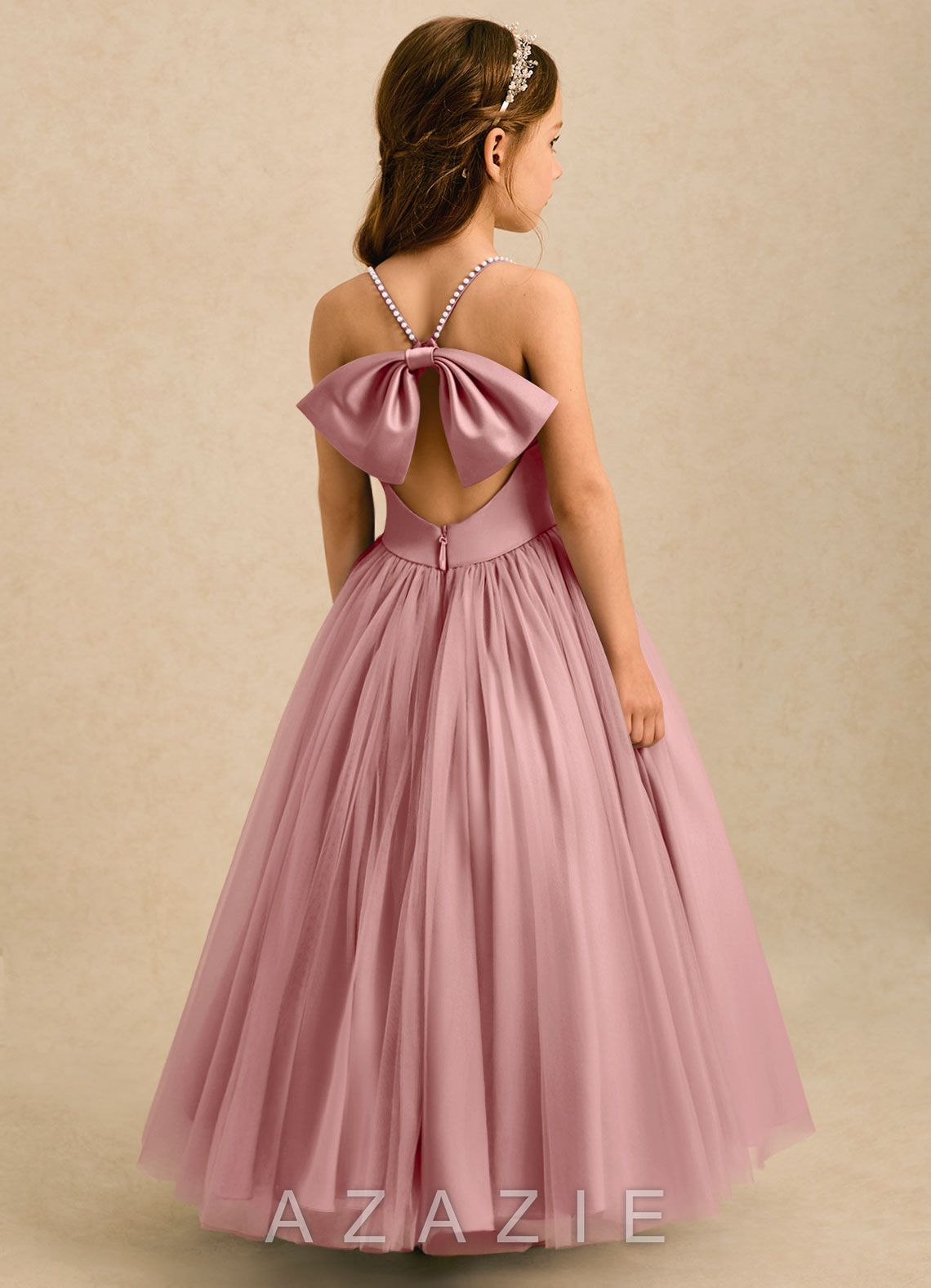 Azazie Aurora Dusty Rose A-Line Bow Tulle Dress