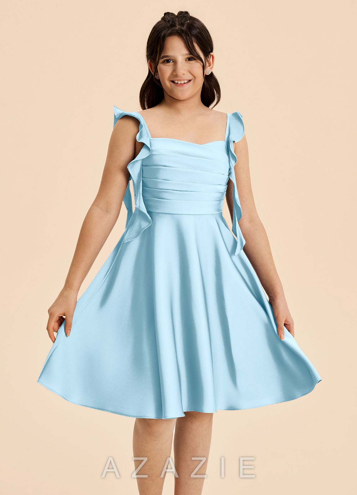 Azazie Kira Junior Sky Blue A-Line Ruched Stretch Satin Dress