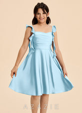 Azazie Kira Junior Sky Blue A-Line Ruched Stretch Satin Dress