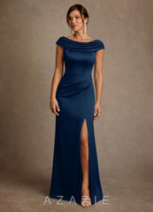 Azazie Irvine Dark Navy A-Line Pleated Stretch Satin Dress dark_navy