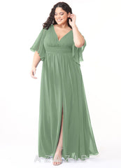 Azazie Temeka Matcha A-Line Ruched Chiffon Dress matcha